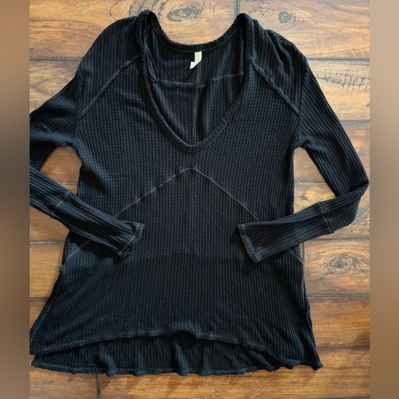 Free People Tops - Free People Black Waffle Knit V‑Neck Long Sleeve Top